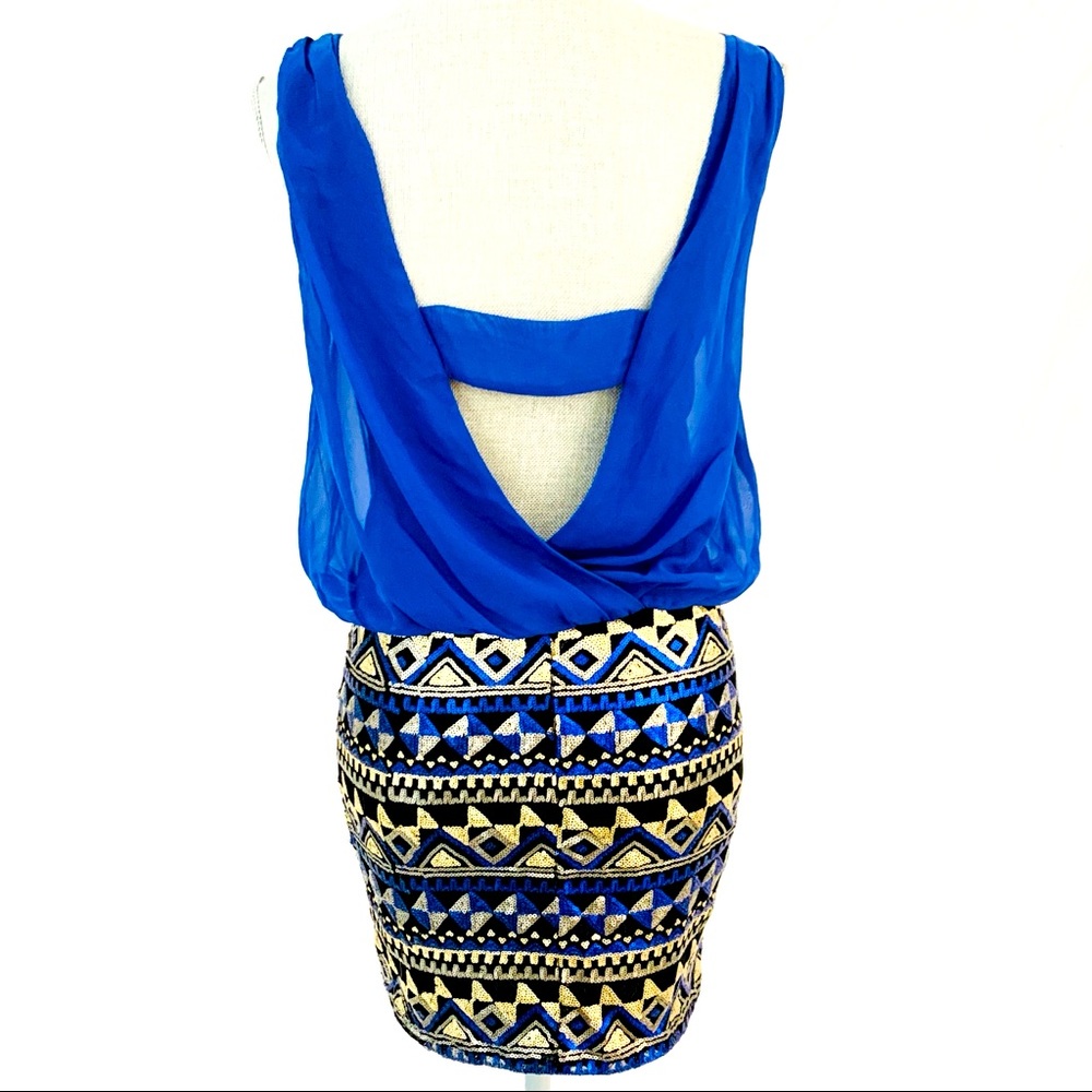 As U Wish Blue/Gold Scoop Neck Body Con dress - Picture 1 of 4